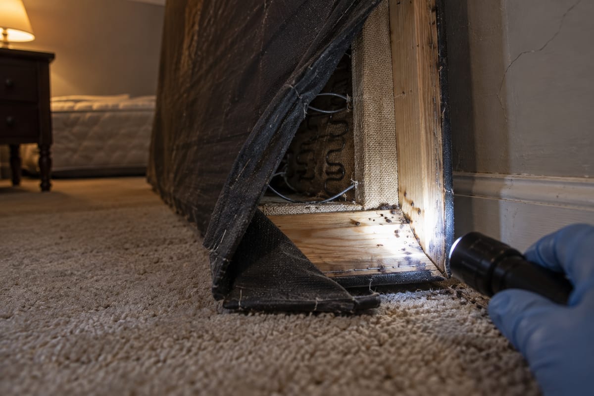 A box spring tipped on its side with the dust cover peeled back, lit by a flashlight to show the wooden frame inside