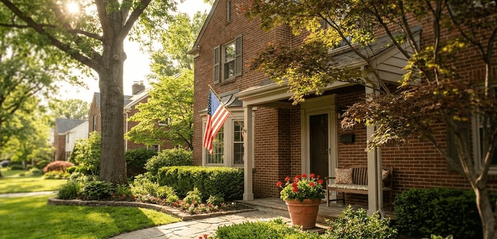 A brick two-storey house with a flag by the front door and mature planting