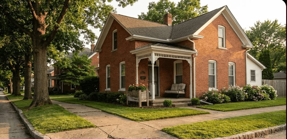 A brick house with a covered front porch on a shaded residential street
