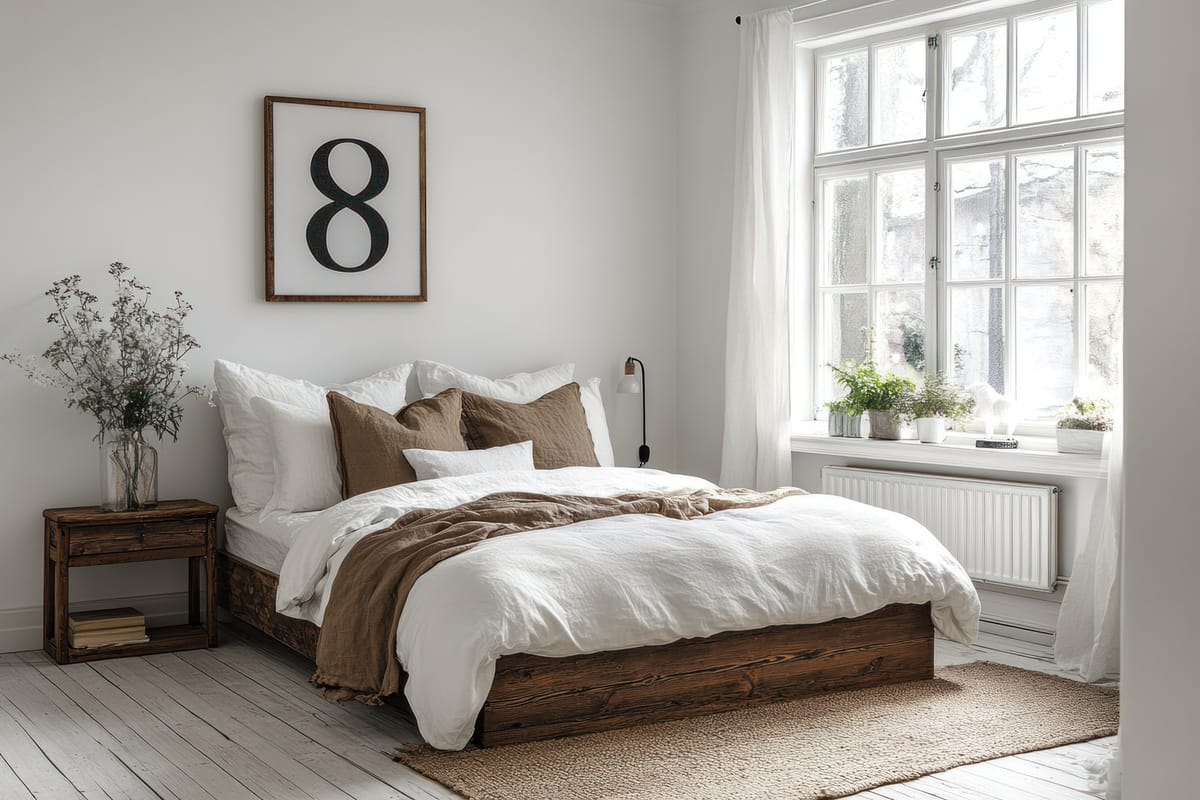 A tidy bedroom with white bedding and morning light through the window