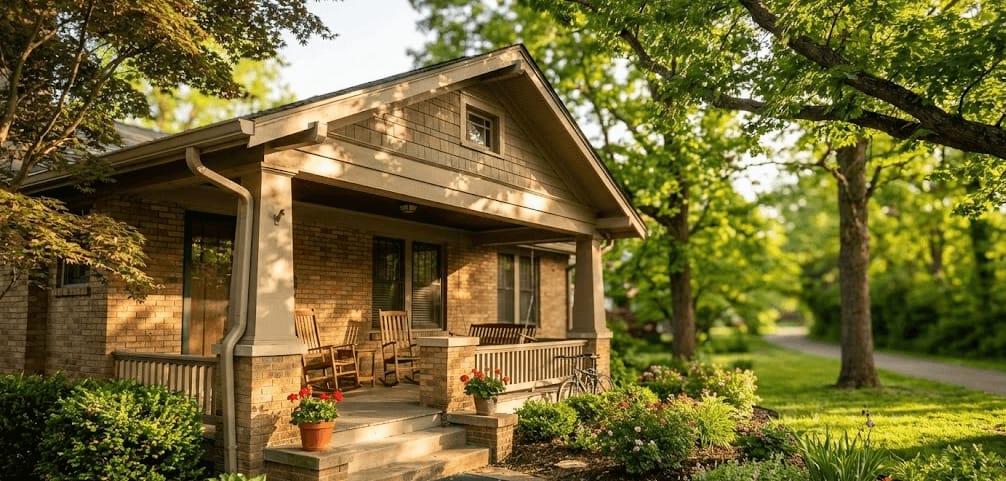 A craftsman-style house with a covered front porch surrounded by mature trees