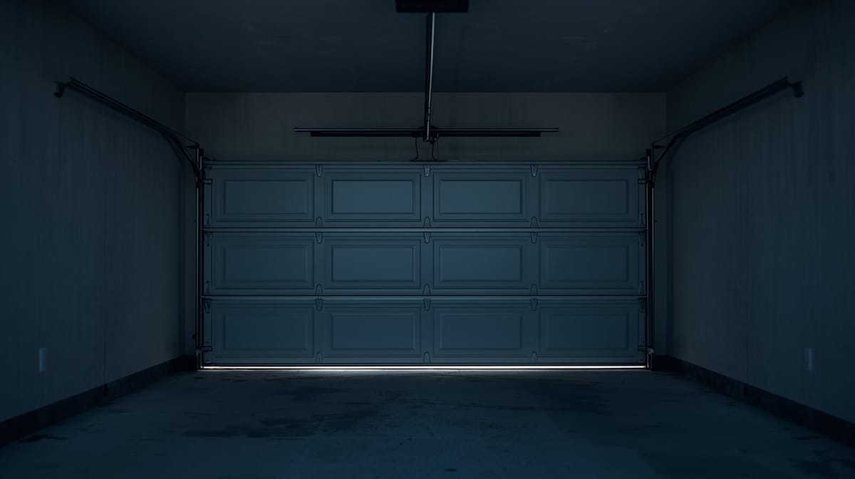 A closed garage door seen from inside at dusk, with light showing along the bottom edge