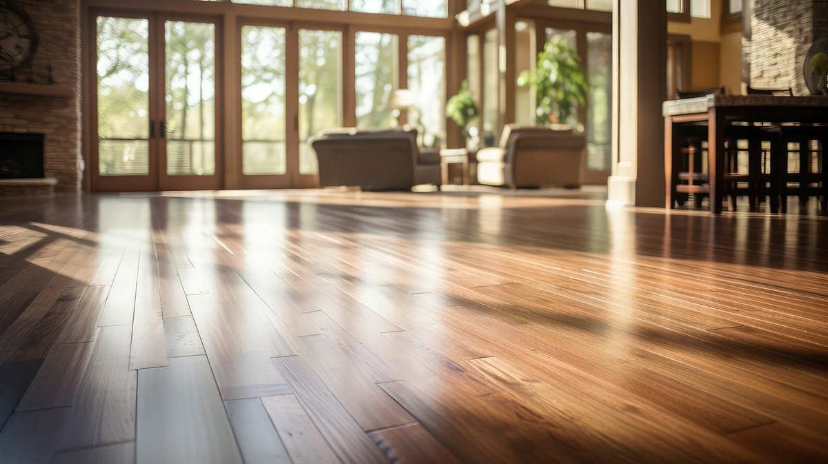 Sunlight falling across the hardwood floor of an open-plan living room