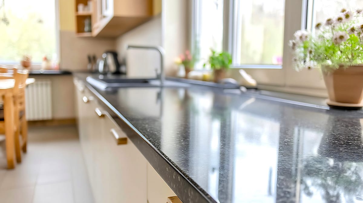 A clean kitchen counter running along a bright window