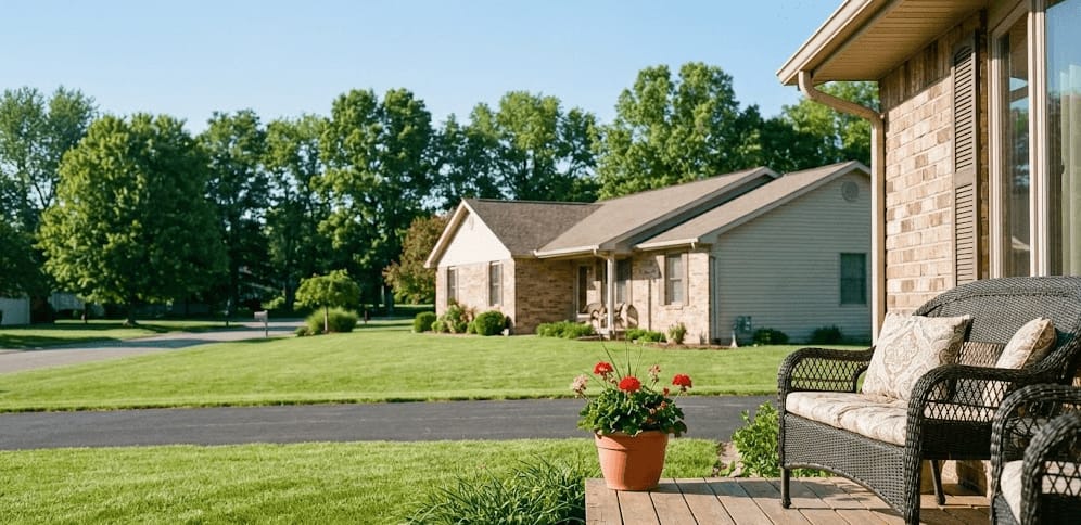 A view across a wide green lawn toward single-storey houses from a patio