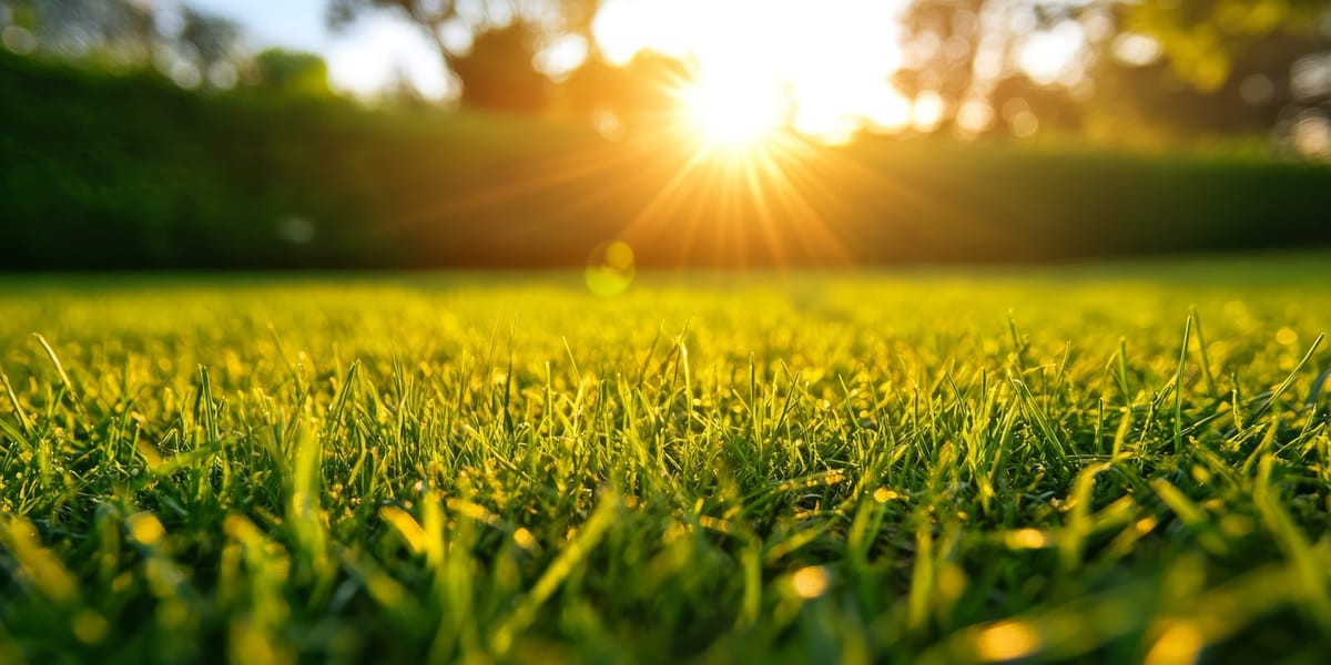 A mown lawn with low evening sun behind the trees at the far edge
