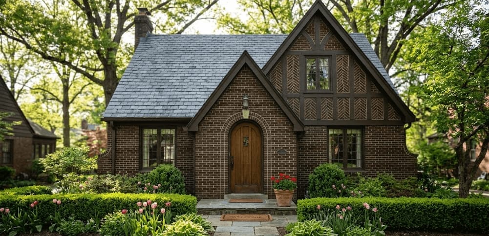 A brick Tudor-style cottage with an arched front door and planted front garden