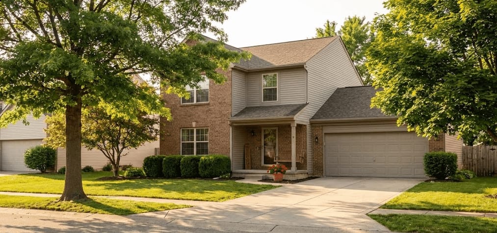 A two-storey house with an attached garage and a wide driveway
