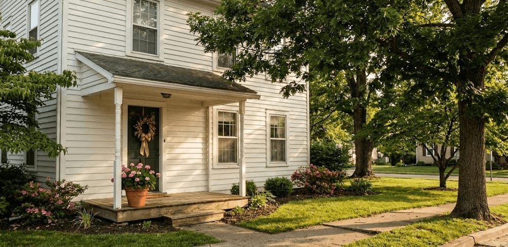 A white clapboard farmhouse with a small covered porch on a tree-lined street